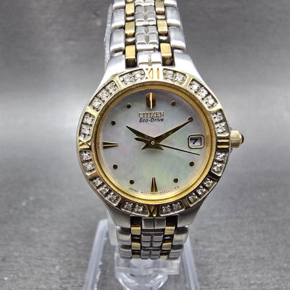 Citizen Eco-Drive Lucca Watch Women 25mm MOP Dial Two Tone Date Diamonds Runs1