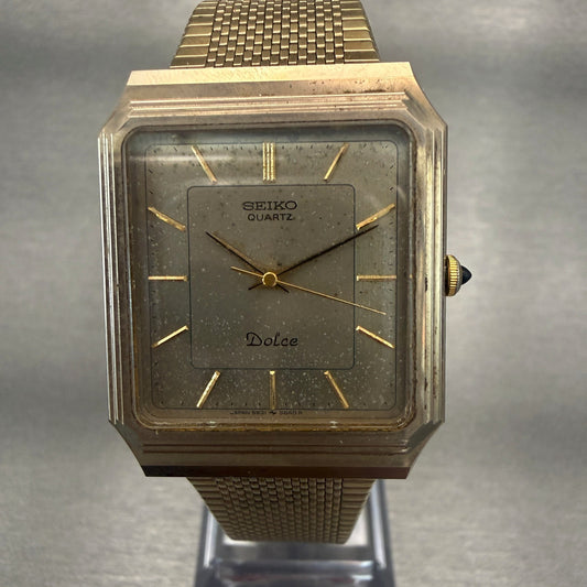 Seiko Dolce Watch Men 29mm Gold Dial Gold Tone Rectangle 5931-5490 New Battery0