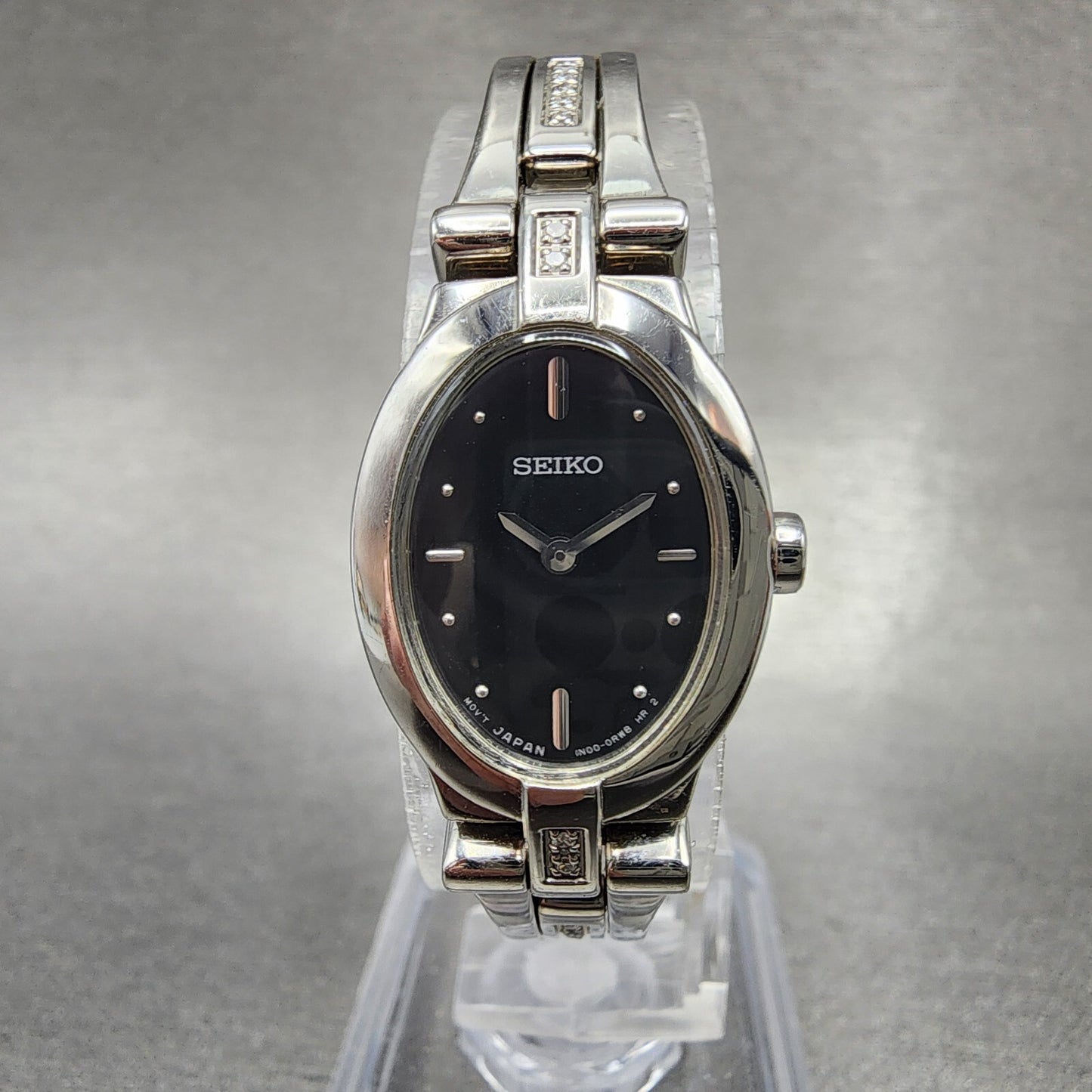 Seiko Watch Women 17mm Black Dial Silver Tone Diamond Accents 1N000KG0 New Batt0