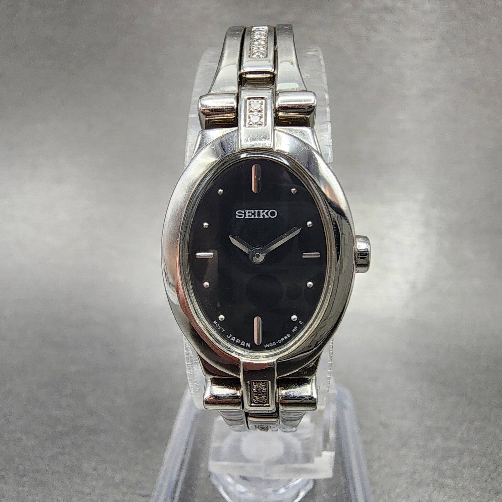 Seiko Watch Women 17mm Black Dial Silver Tone Diamond Accents 1N000KG0 New Batt0