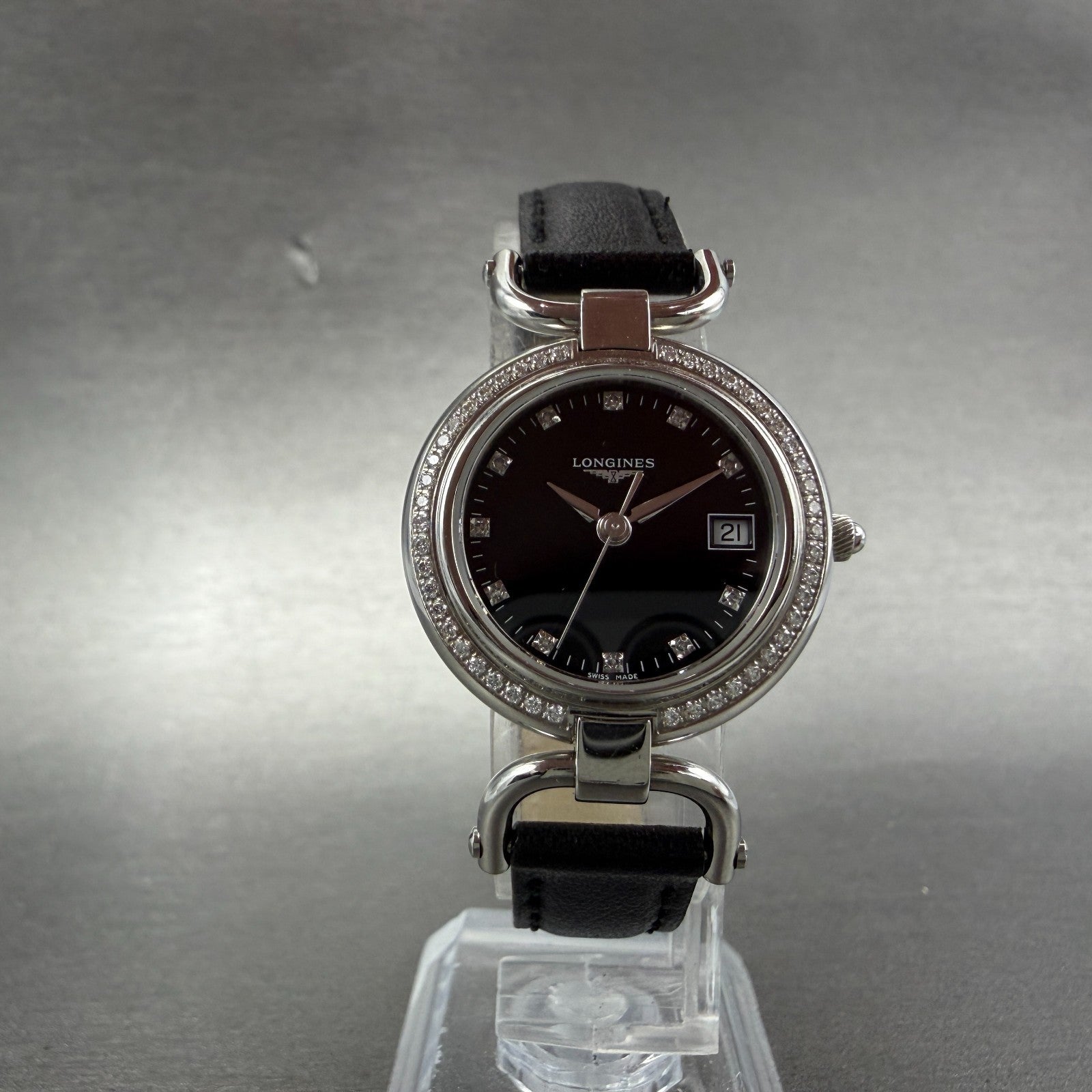 Longines Equestrian Watch Women 26mm Black Dial Steel Diamond Bezel New Battery5