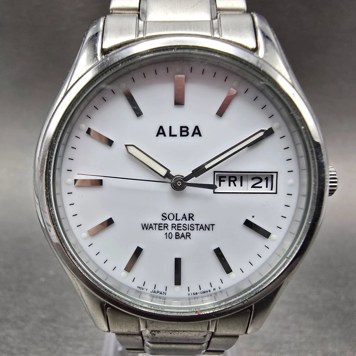 Seiko Alba Solar Watch Men 36mm White Dial Silver Daydate V158-0AX0 Runs JDM0