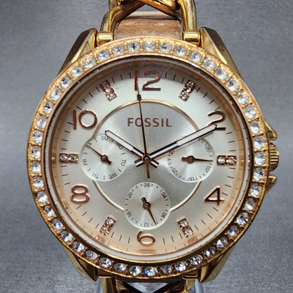 Fossil Riley Watch Women 38mm Silver Dial Rose Gold Tone Daydate Round New Batt1