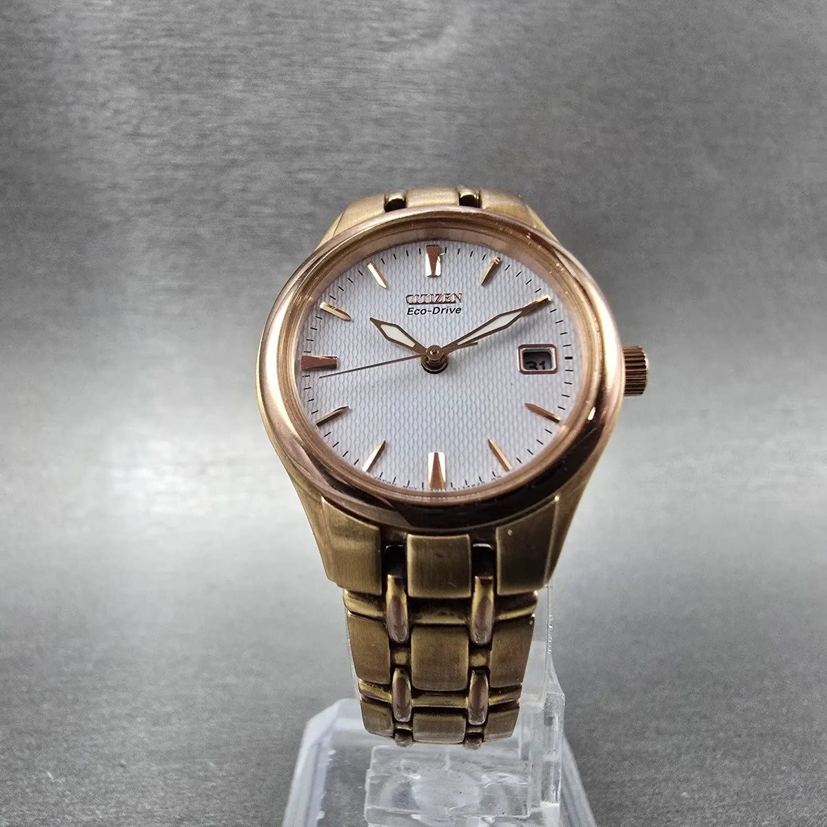 Citizen Eco-Drive Watch Women 25mm White Dial Rose Gold Date E011-S094526 Works5