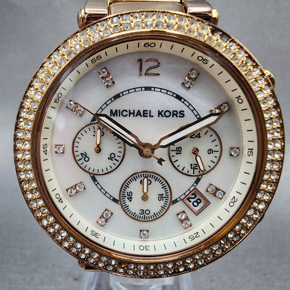 Michael Kors Parker Watch Women 39mm MOP Dial Rose Gold Tone Daydate New Battery1