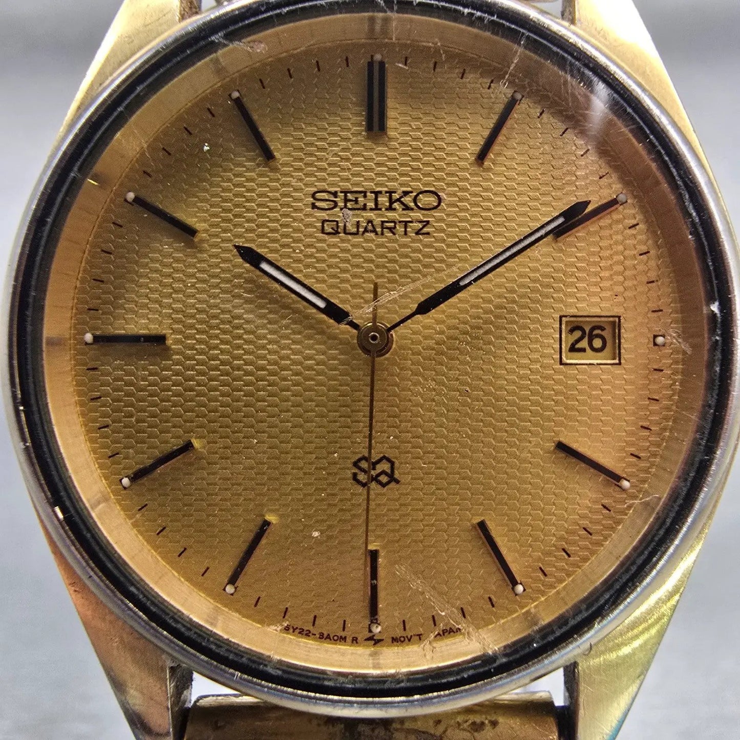 Seiko SQ Watch Men 35mm Gold Dial Gold Tone Date Round 5Y22-8A08 New Battery VTG1