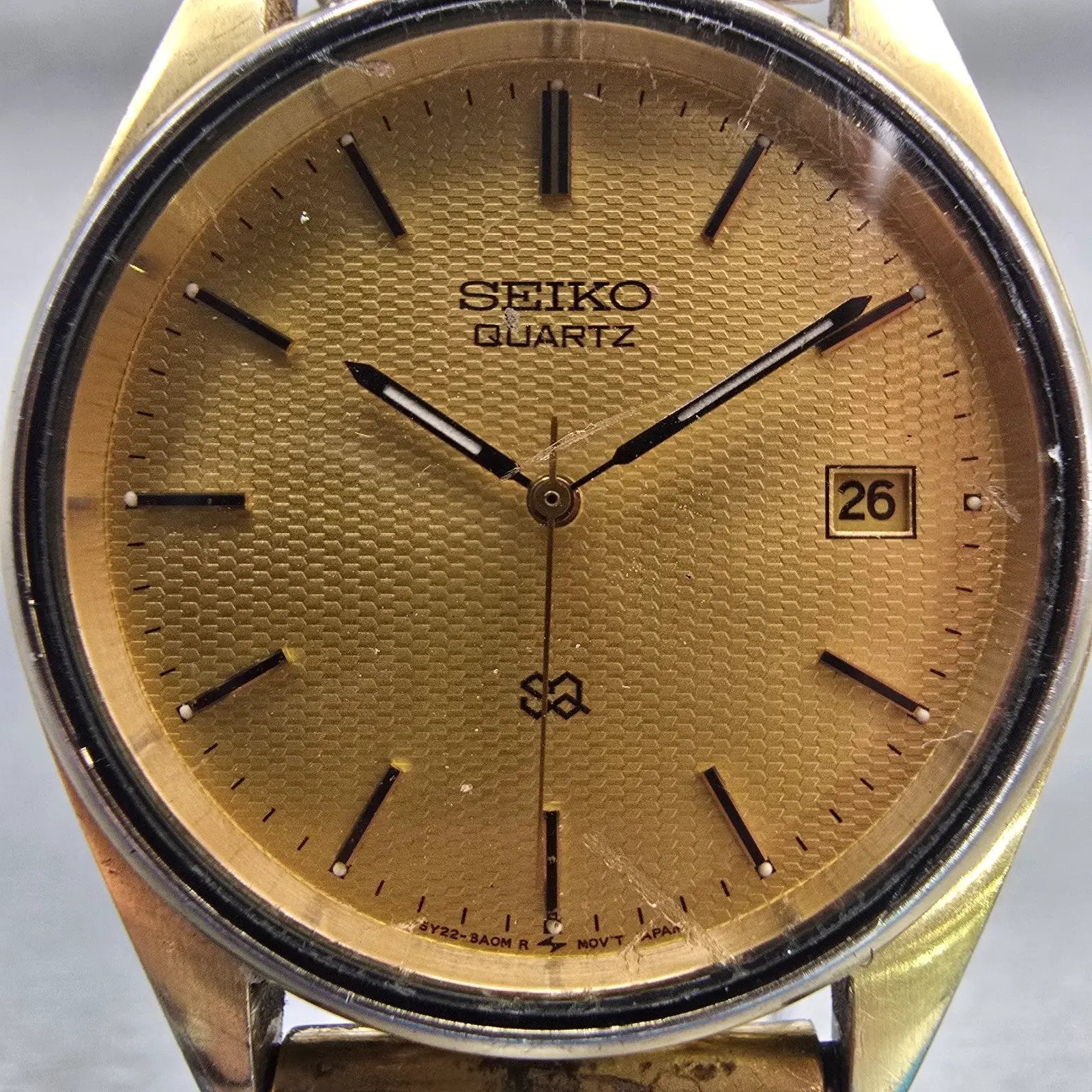 Seiko SQ Watch Men 35mm Gold Dial Gold Tone Date Round 5Y22-8A08 New Battery VTG1