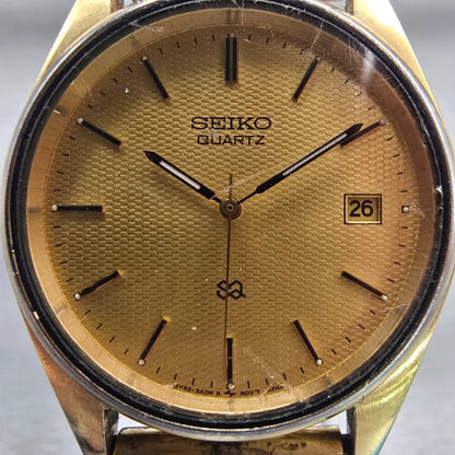 Seiko SQ Watch Men 35mm Gold Dial Gold Tone Date Round 5Y22-8A08 New Battery VTG1