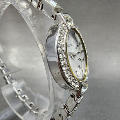 Bulova Crystal Watch Women 17mm Silver Dial Silver Tone Oval 96T49 New Batt3