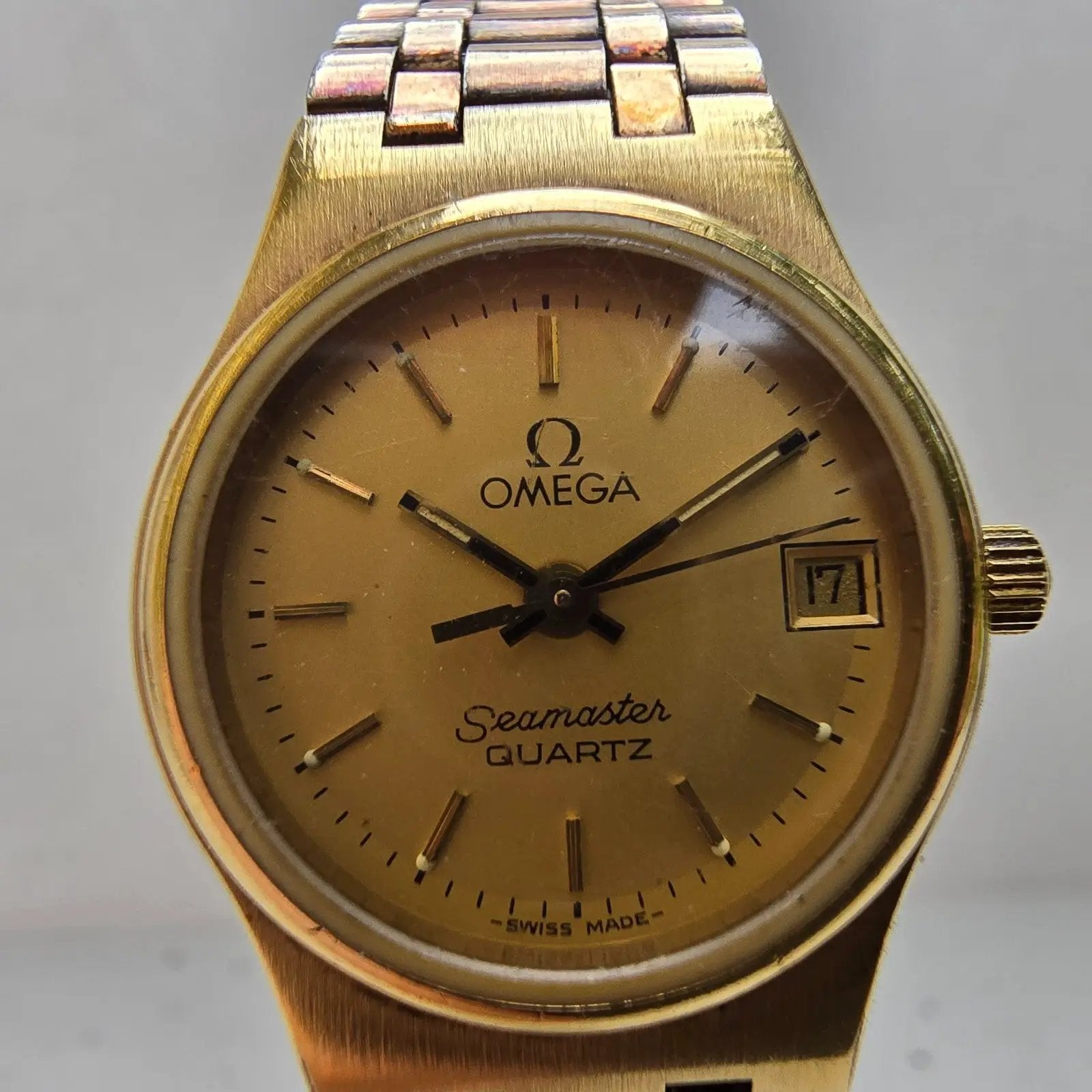 Omega Seamaster Watch Women 22mm Gold Dial Gold Tone Date Round 1380 New Battery1