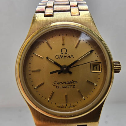 Omega Seamaster Watch Women 22mm Gold Dial Gold Tone Date Round 1380 New Battery1