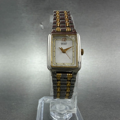 Seiko Tank Watch Women 18mm White Dial Two Tone Rectangle V401-5129 New BatteryX5