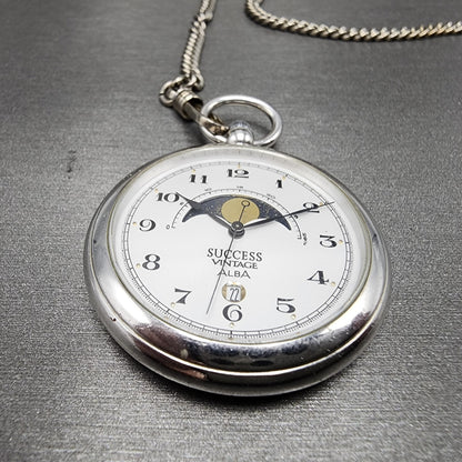 ALBA Success Pocket Watch Men 40mm White Dial Steel Moonphase Date New Battery