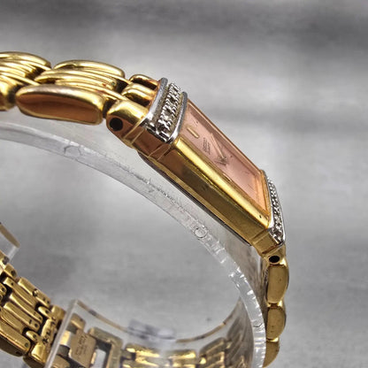 Seiko Watch Women 13mm Pink Dial Gold Tone Diamonds Rectangle 2E20-7191 New Batt3