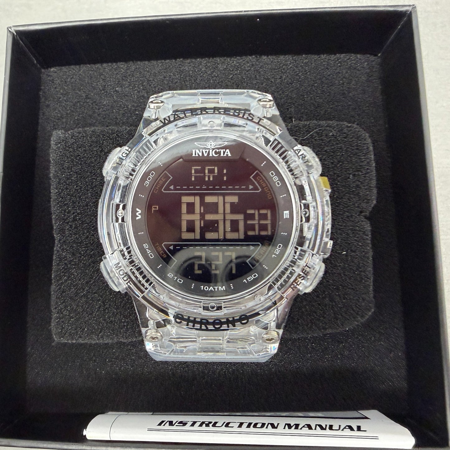 Invicta Racing Digital Watch Men CLear Alarm Chrono Round Translucent 490410