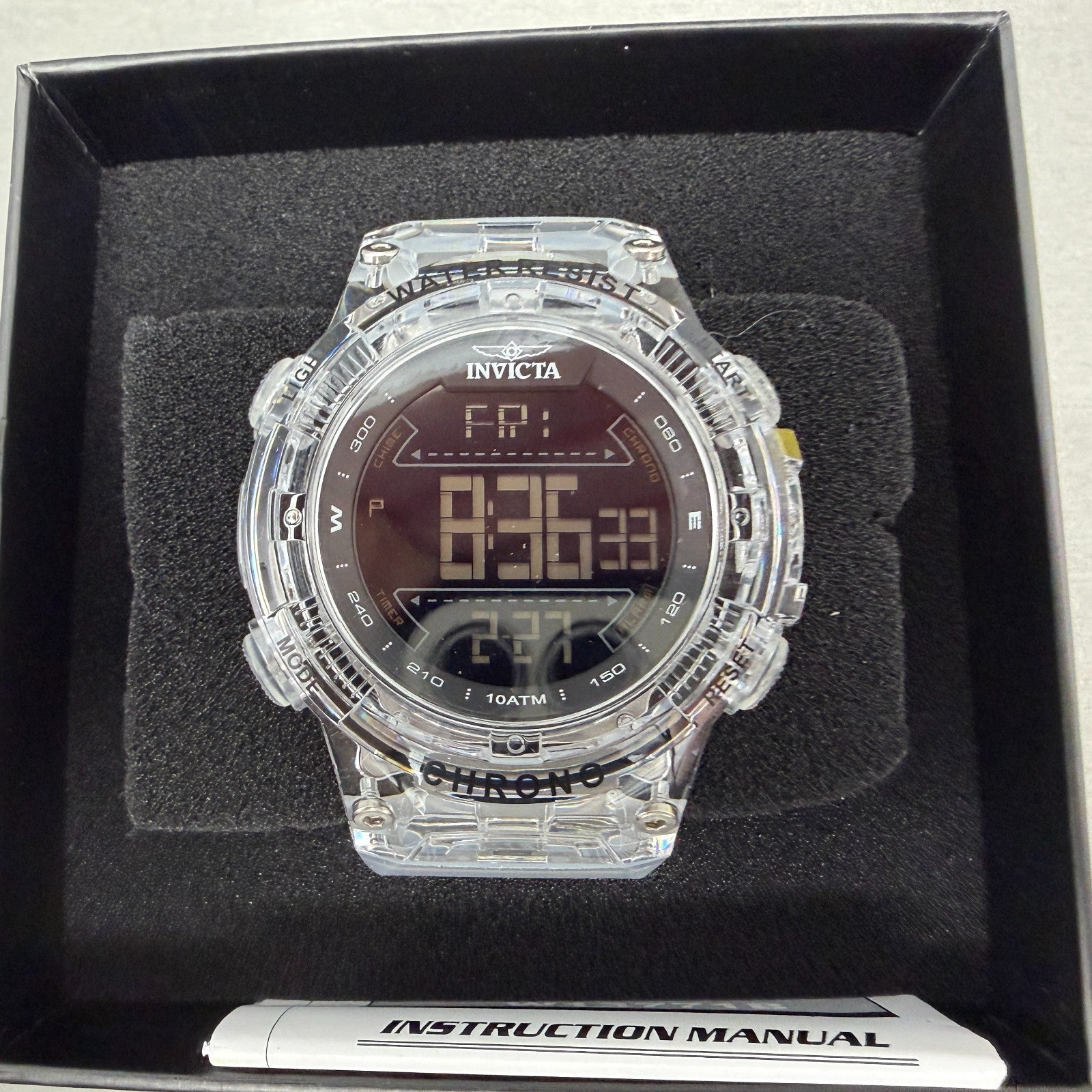 Invicta Racing Digital Watch Men CLear Alarm Chrono Round Translucent 490410