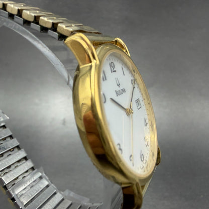 Bulova Watch Men 34mm White Dial Gold Tone Date Round 97B12 New Battery3