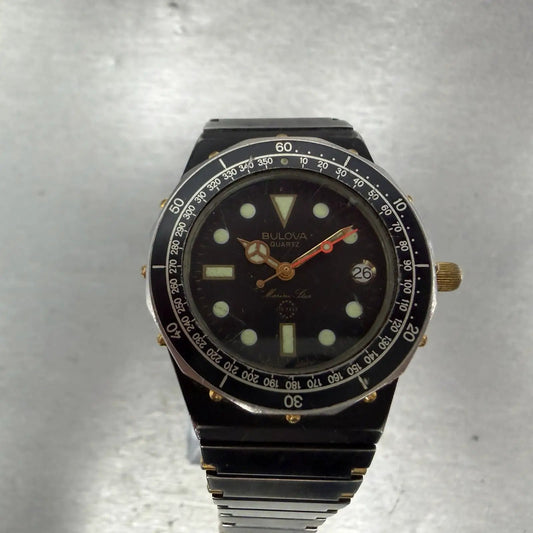 Bulova Marine Star Watch Men 33mm Black Dial Black & Gold Tone Date READ! NewBat0