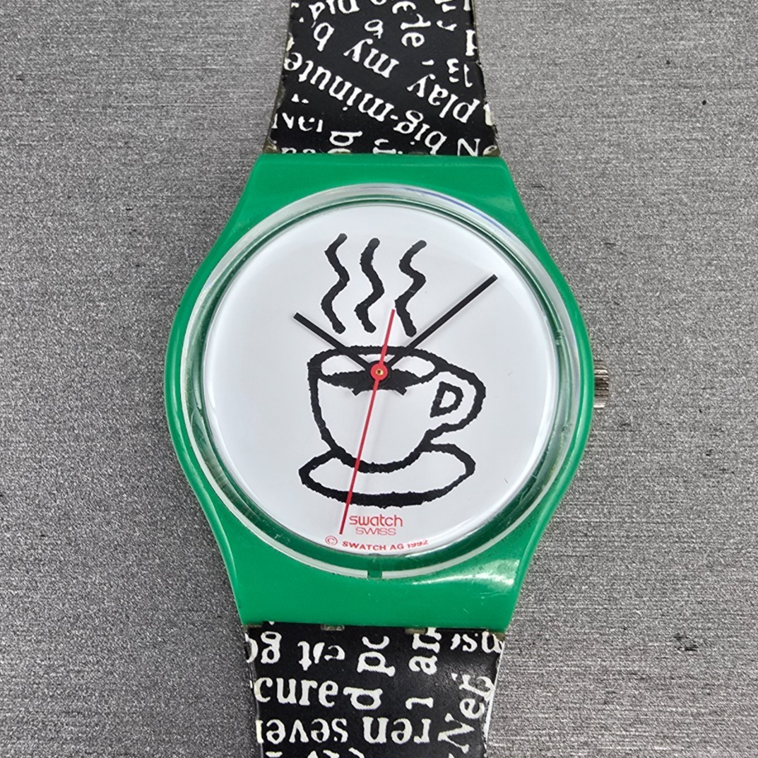 Swatch Cappuccino Watch Men 34mm White Dial Green Case Round GG121 New Battery0