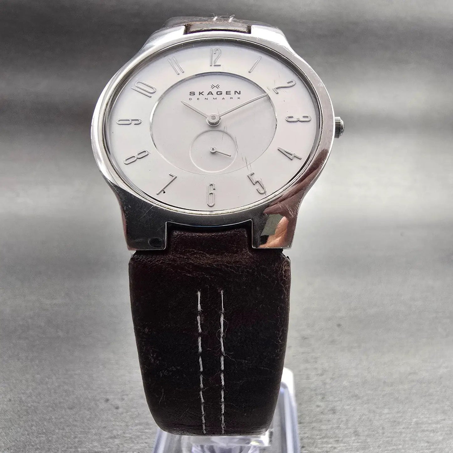 Skagen Watch Men 34mm White Dial Silver Tone Round 433LSL1 READ!!!!! New Battery5