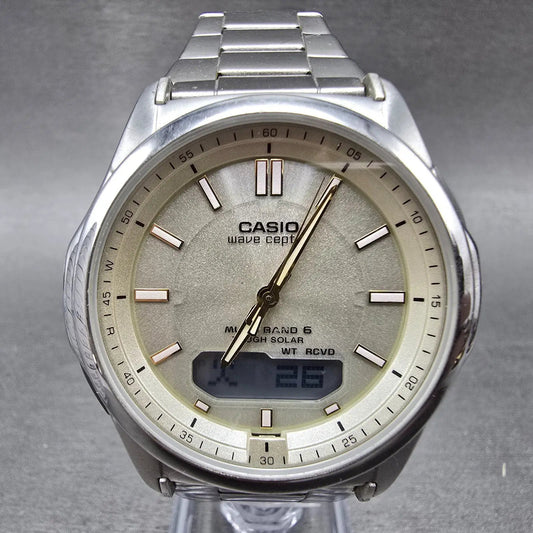 Casio Wave Ceptor Watch Men 42mm Champagne Dial Steel Solar Analog Digital Works0