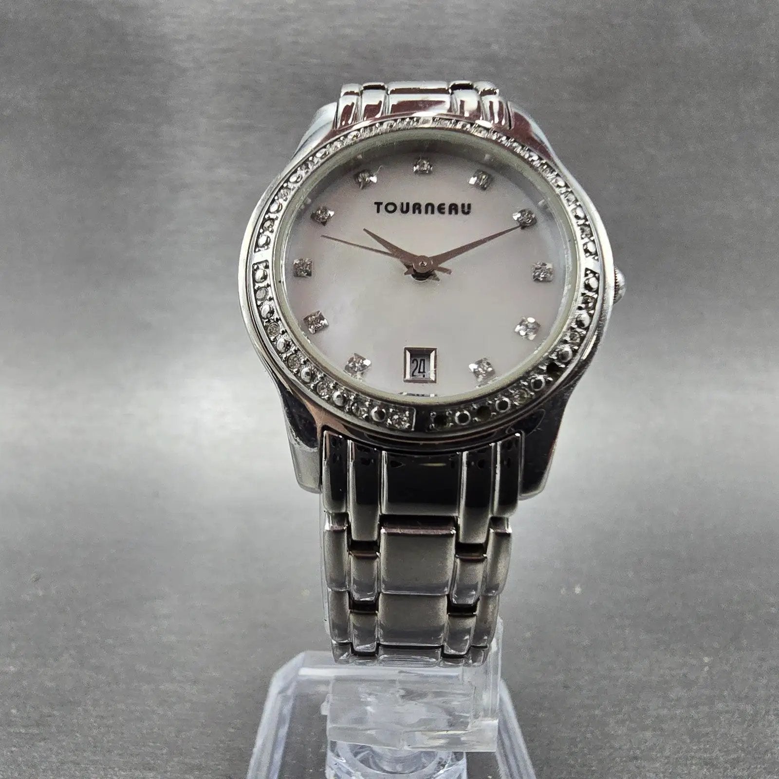 Tourneau Watch Women 28mm MOP Dial Silver Tone Date Round New Battery Honda5