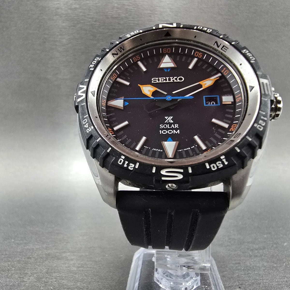 Seiko Prospex Watch Men 47mm Black Dial Steel Date Solar SNE423 Compass Runs5