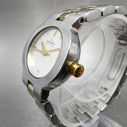 Skagen Watch Women 23mm Silver Dial Two Tone Date Round 236SGX New Battery