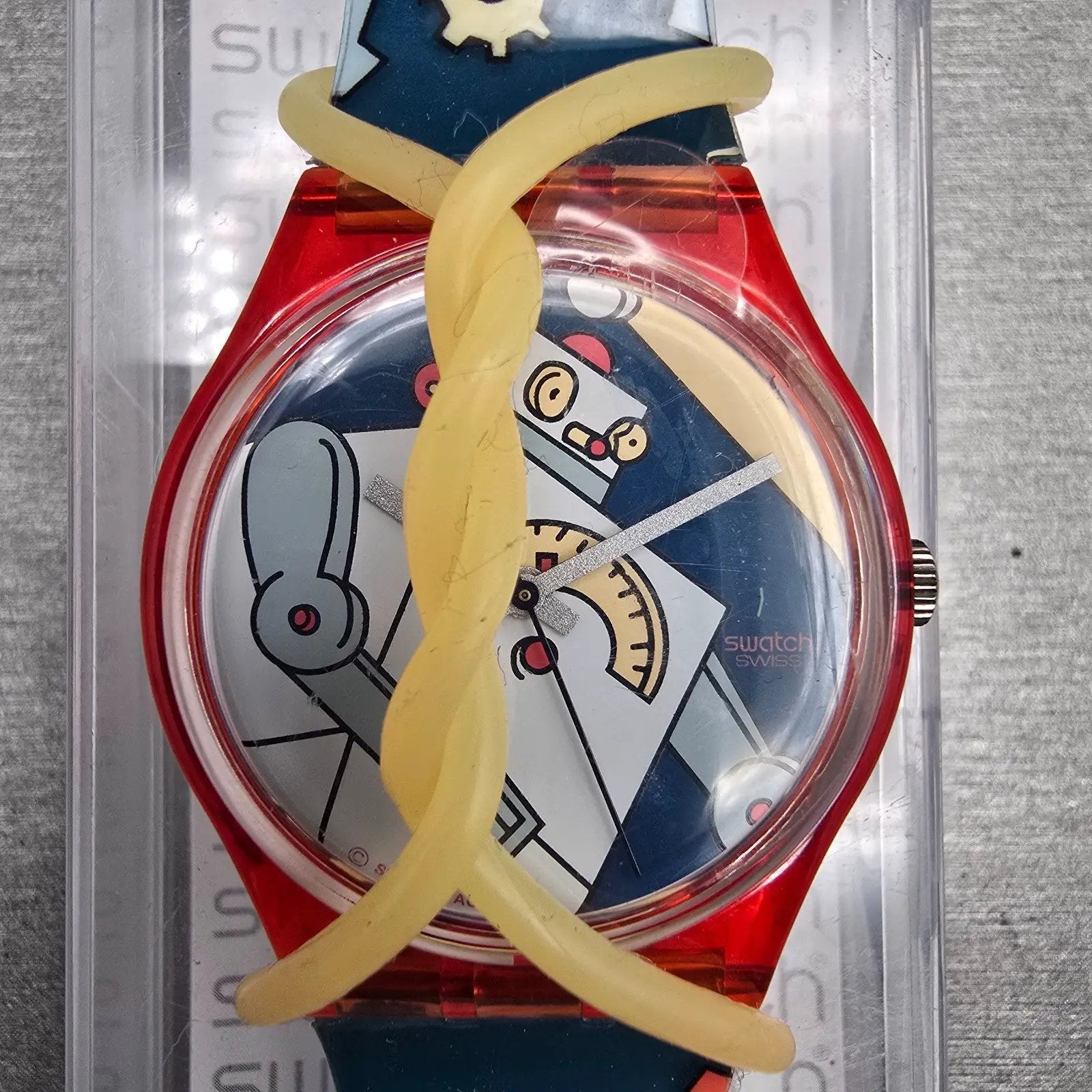 Swatch Gent Roboboy Watch Men 34m Blue Dial Red Case Round GR135 New Battery VTG1