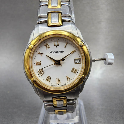 Bulova Accutron Watch Women 26mm White Dial Two Tone Date Round 28M04 New Bat0
