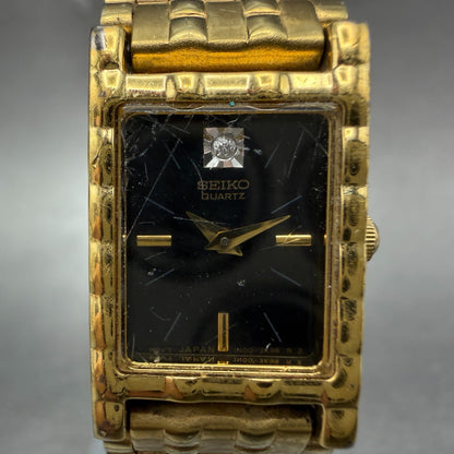 Seiko Tank Watch Women 16mm Black Dial Gold Tone Rectangle 1N00-6C09 New Battery1