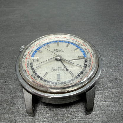 Seiko World Time Automatic Watch Men 38mm Silver Dial Steel 6217-7000 Date Runs4