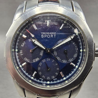 Trussardi Sport Watch Men 36mm Blue Dial Silver Tone Daydate Round New Battery2