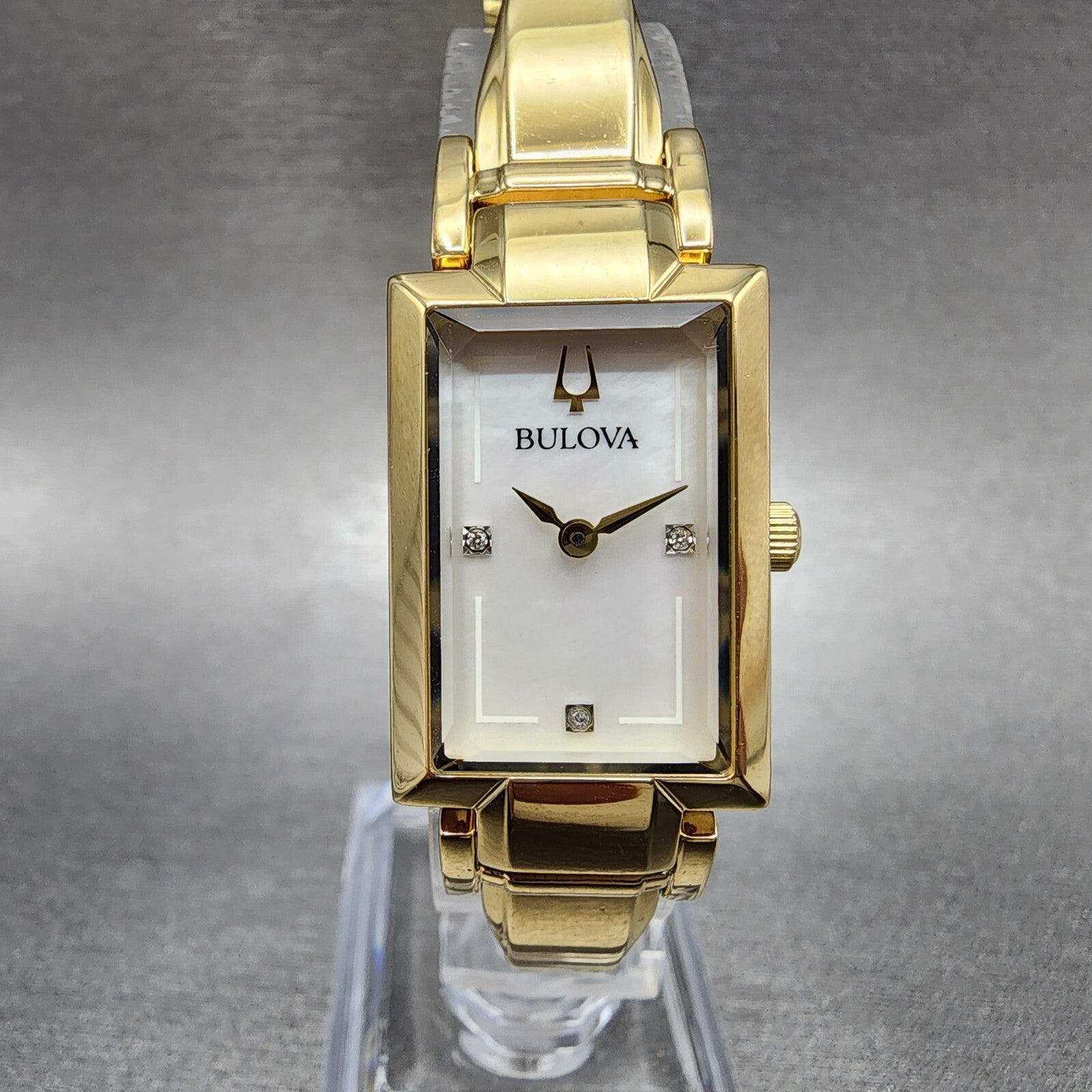 Bulova Tank Watch Women 18mm MOP Dial Gold Tone Diamond Accents New Battery0