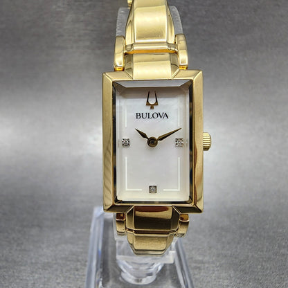 Bulova Tank Watch Women 18mm MOP Dial Gold Tone Diamond Accents New Battery0