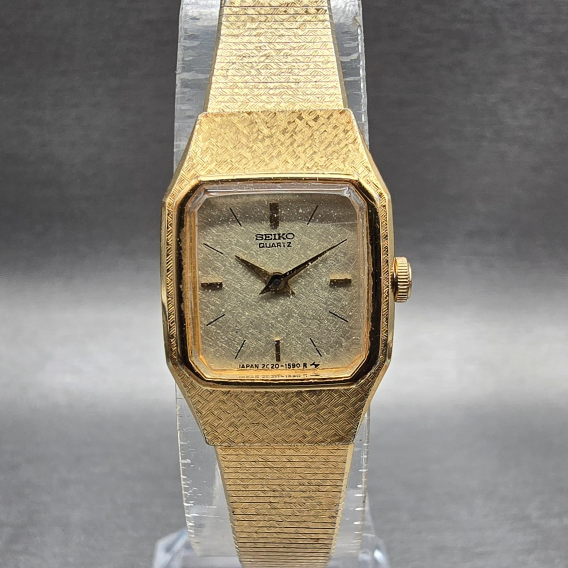 Seiko Watch Women 17mm Champagne Dial Gold Tone Rectangle 2C20-5789 New Battery0
