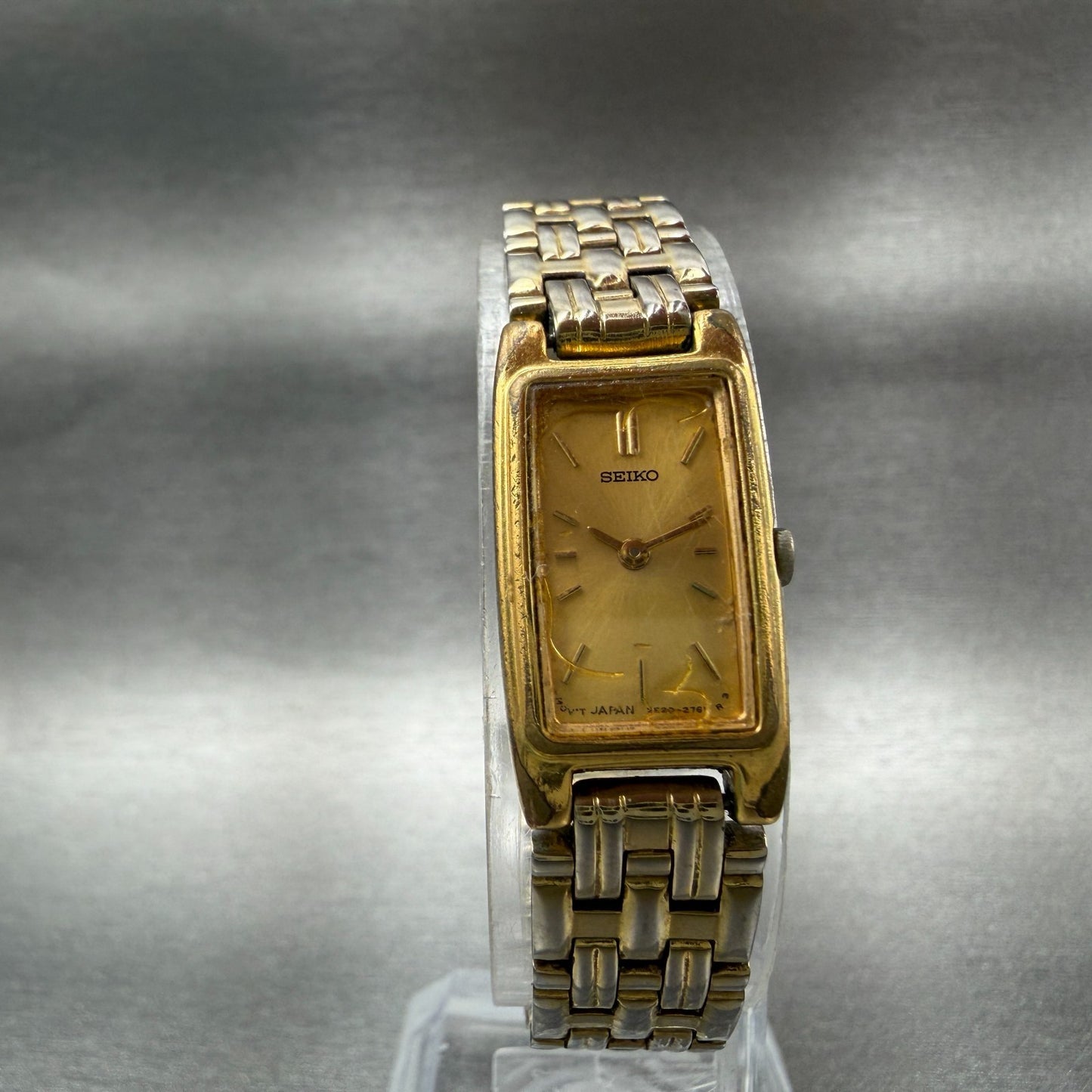 Seiko Tank Watch Women 13mm Champagne Dial Gold Tone 2e20-7021 New Battery 45674