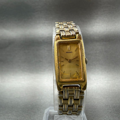 Seiko Tank Watch Women 13mm Champagne Dial Gold Tone 2e20-7021 New Battery 45674