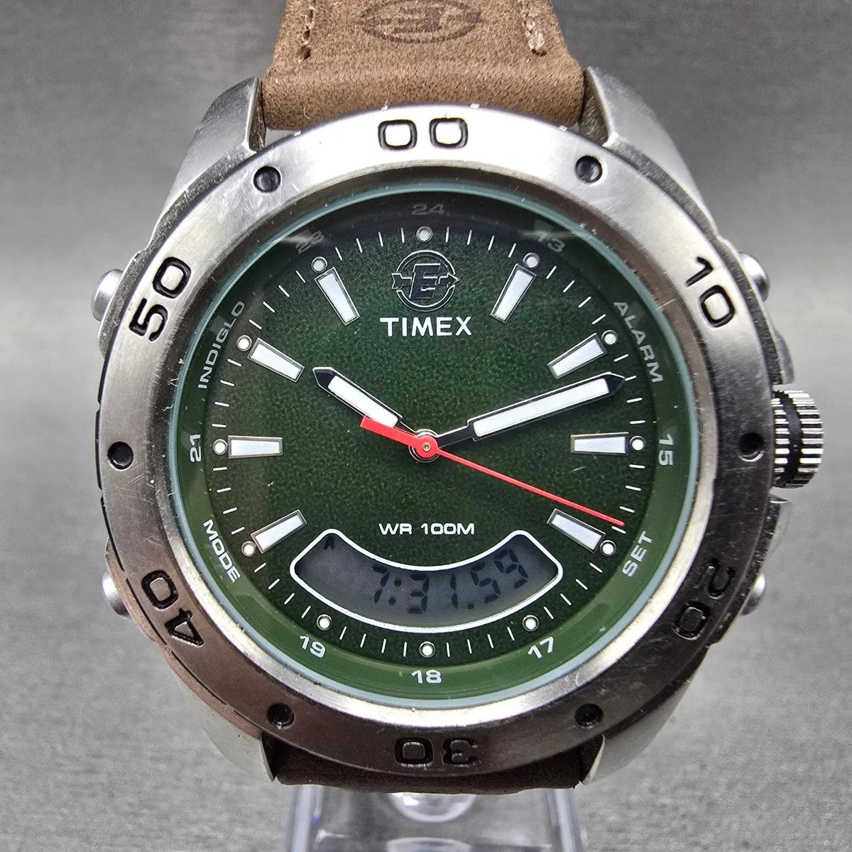 Timex Watch Men 40mm Green Dial Silver Tone Analog Digital T45201 New Battery0