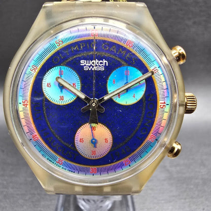 Swatch London 1948 Chrono Watch Men 42mm Blue Dial Clear SCZ102 New Battery VTG3