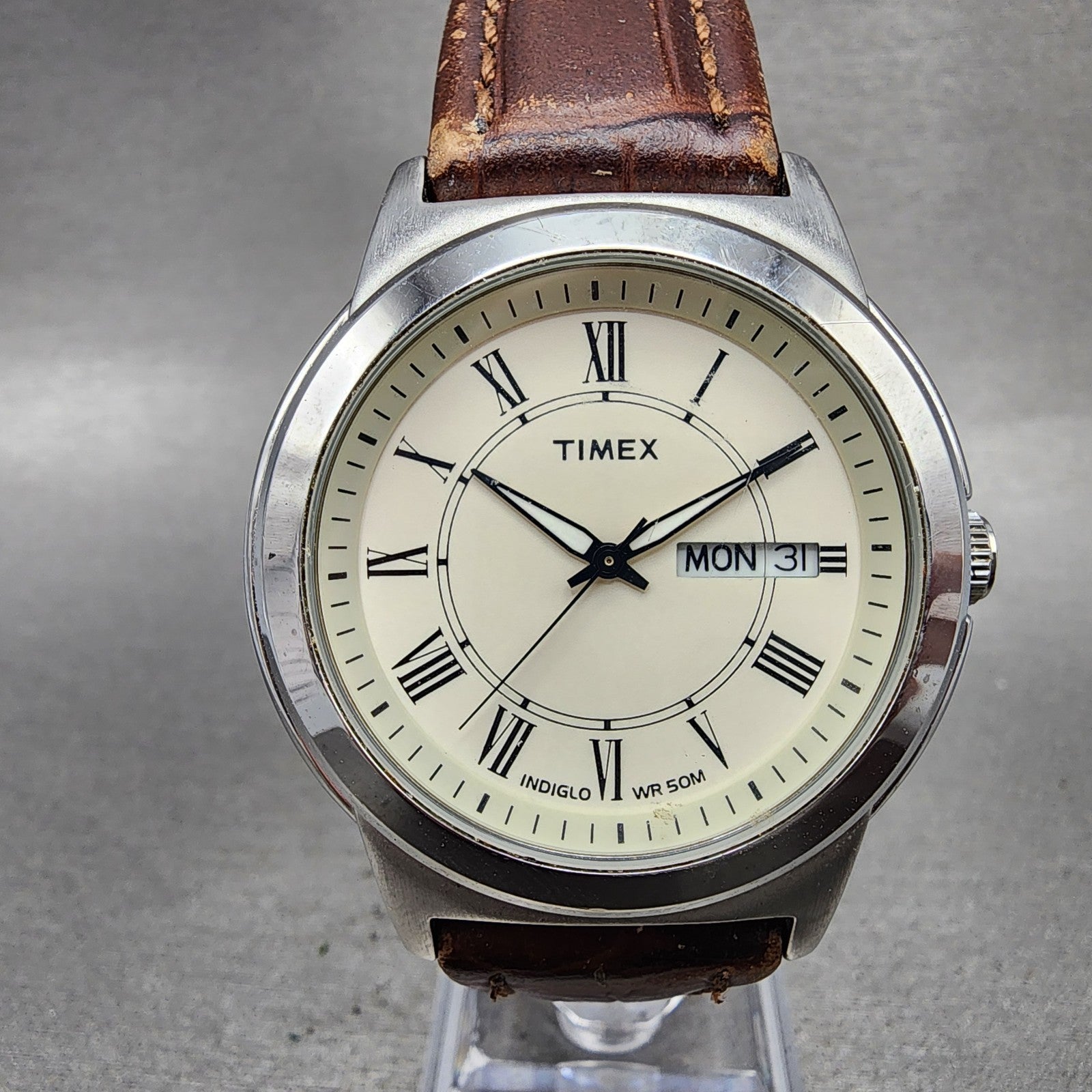 Timex Easy Reader Watch Men 40mm White Dial Silver Tone Daydate Round New Batt0