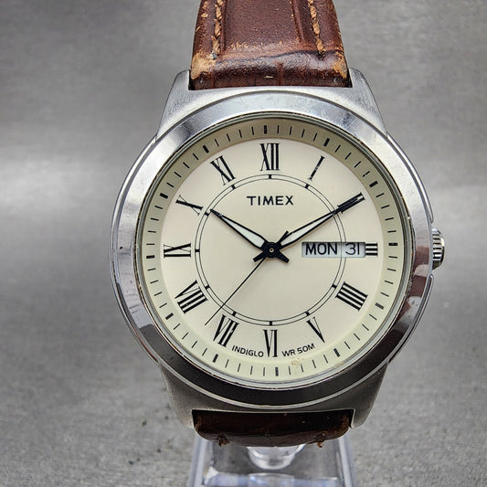 Timex Easy Reader Watch Men 40mm White Dial Silver Tone Daydate Round New Batt0