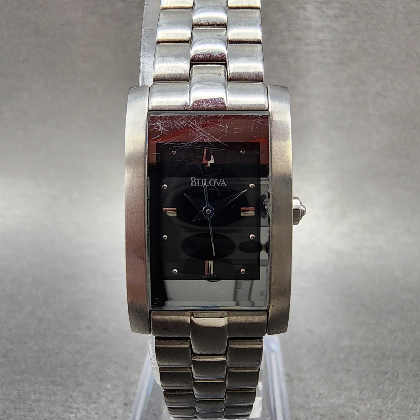 Bulova Tank Watch Women 18mm Black Dial Silver Tone Rectangle 96L37 New Battery0