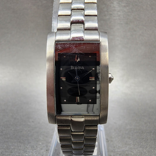 Bulova Tank Watch Women 18mm Black Dial Silver Tone Rectangle 96L37 New Battery0