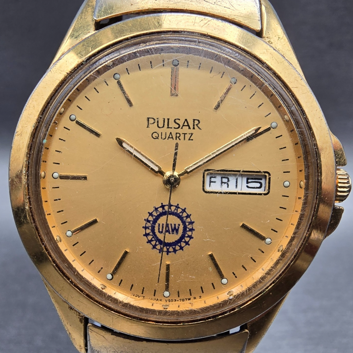 Seiko Pulsar Watch Men 36mm Gold Dial Gold Daydate Round V533-7A90 New Batt VTG1