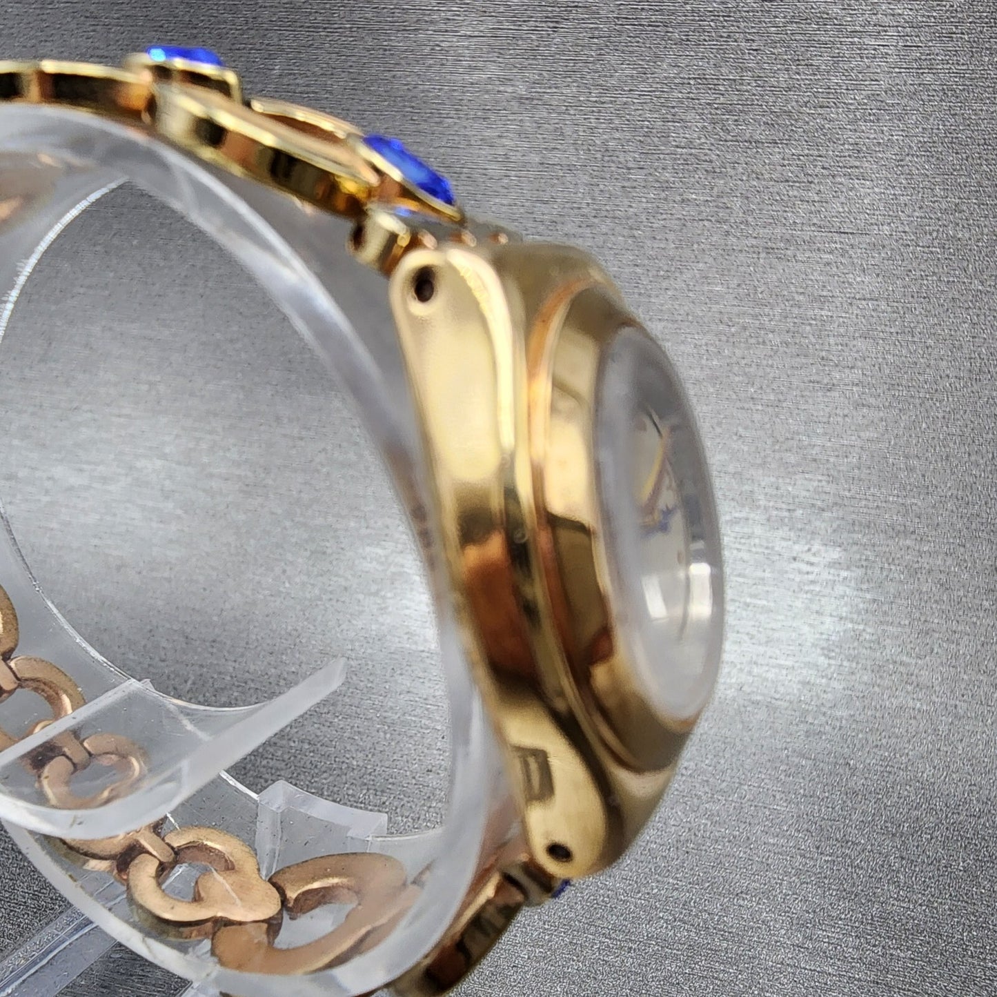 Swatch Irony Watch Women Champagne Dial Rose Gold Tone Round Purple Gems New Bat2