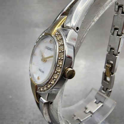 Seiko Solar Watch Women 22mm MOP Dial Two Tone Crystal Bezel Round V1140AF0 Runs2
