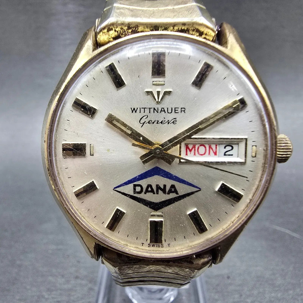Wittnauer Geneve Watch Men 35mm Champagne Dial Gold Tone Daydate Automatic PARTS0