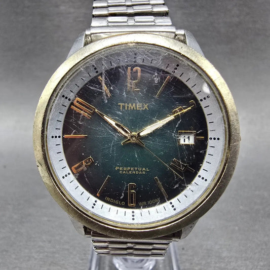 Timex Perpetual Calendar Watch Men 39 Gray Dial Two Tone Date Round New Batt0