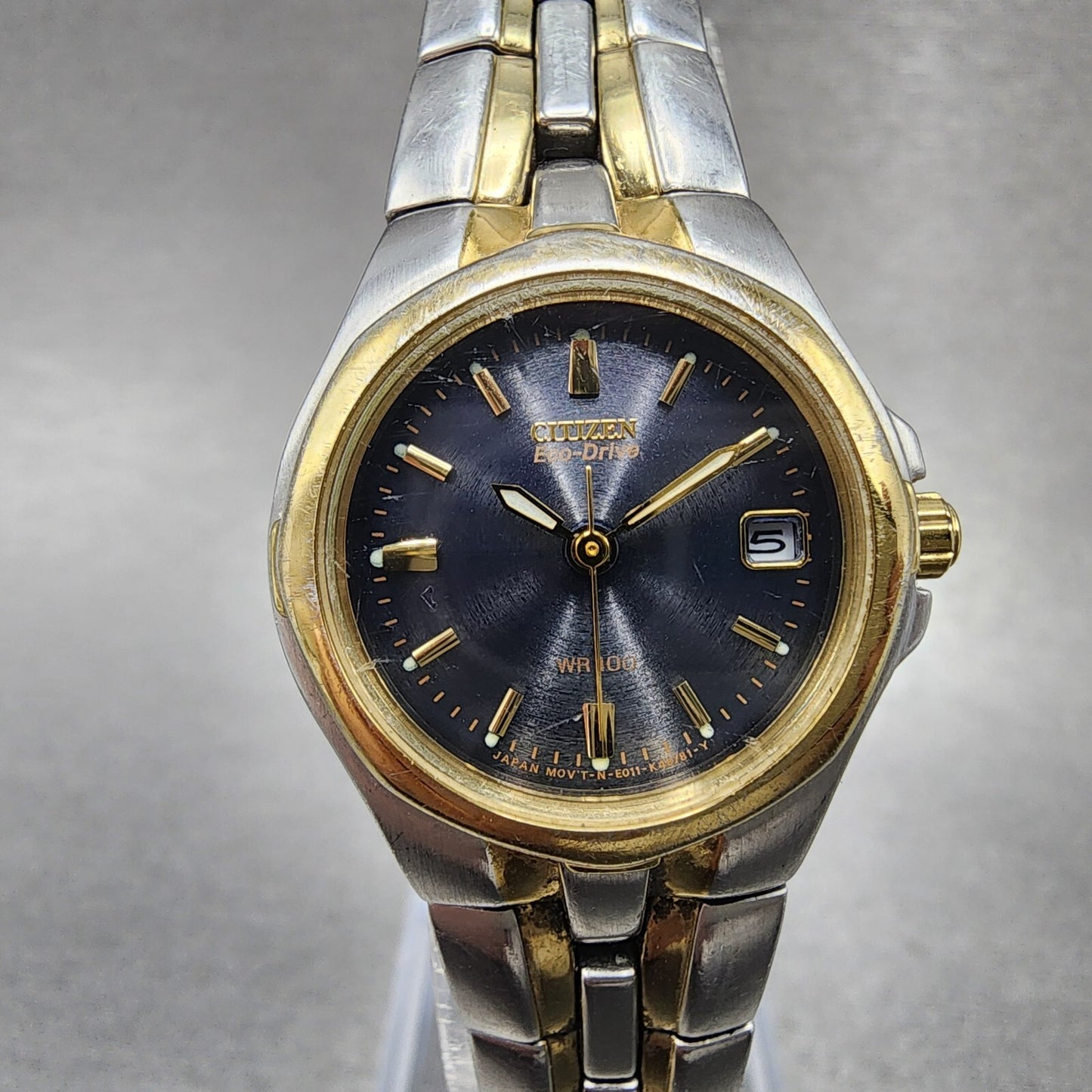 Citizen EcoDrive Watch Women 24mm Blue Dial Two Tone Date E011K15711 Runs0